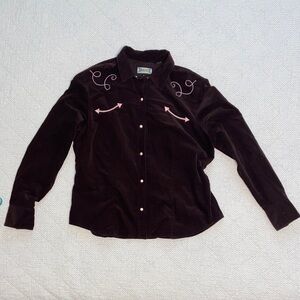 Vintage Western-Inspired western Velvet Shirt - Brown with Pink Embroidery
